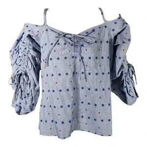 Parker Cold Shoulder Embroidered Top Blouse Blue Women's XS Cotton